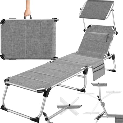 Opvouwbaar ligbed - Zonnebed Tuinbed - Ontspannen in de zon - Verstelbaar zonnedak - 200 cm lengte - Lichtgrijs