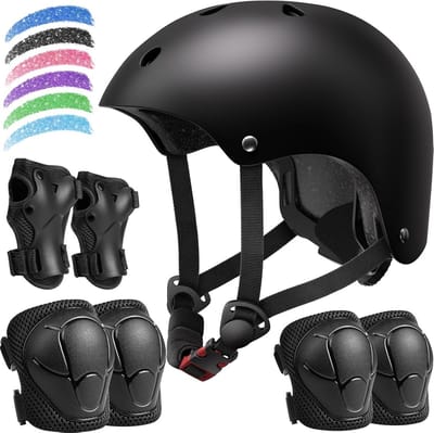 Kinderfietshelm Set - Beschermingsset Kinderen - Veilig Sporten - 7-delige Uitrusting - 48-54 cm - Zwart