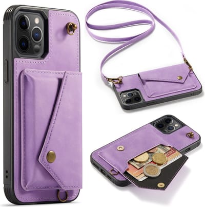 Casemania Hoesje Geschikt voor Apple iPhone 12 Pro Max - Bright Lila - Luxe Backcover met Koord en Magnetische Sluiting - Portemonnee Wallet Case met Pasjeshouder en Opbergvak - Lanyard Telefoonhoes - Cord Case