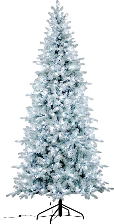 Snowy Blue Comet verlichte kunstkerstboom - 228 cm - White flocked - Ø114 cm - 1765 tips - 550 ledlampjes (koud wit) - Besneeuwd/Frosted