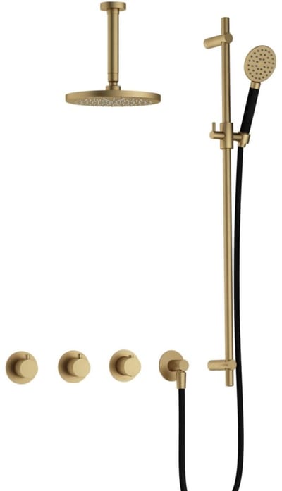 Hotbath Cobber - CB7067 - Inbouw Regendoucheset - Geborsteld Messing - 2 Stopkranen - Thermostatisch - Plafondbuis 15 cm - Hoofddouche 200 mm - Ronde Handdouche 3 Standen - Glijstang 900 mm - Waterbesparend