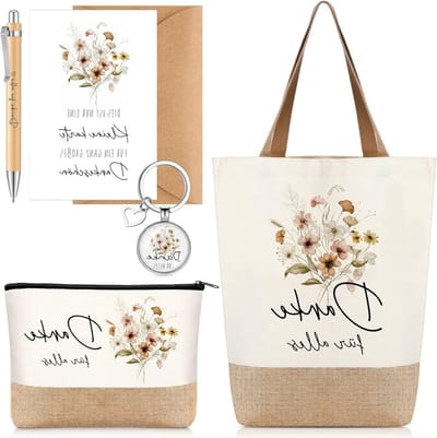 Jute tas voor toilettas, sleutelhanger, balpen en bedankkaarten voor collega's en zussen tijdens de feestdagen