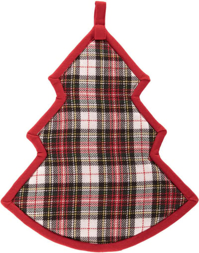 Tiseco | Rood geruite Pannenlap X-MAS Kerstboom met insteekvak | 23 x 30cm