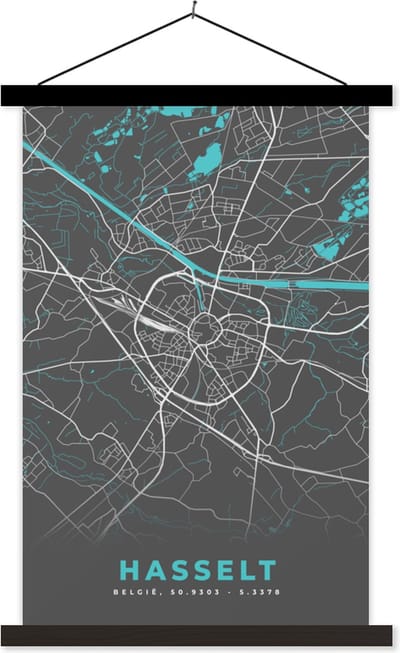 Posterhanger incl. Poster 40x60 cm - Schoolplaat - België – Hasselt – Stadskaart – Kaart – Blauw – Plattegrond - Textielposter - Zwarte latten - Stadskaart