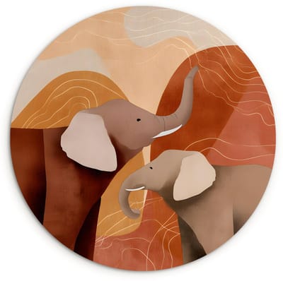 WallCircle® Wandcirkel 120x120 cm - Muurcirkel Olifanten - Oranje - Abstract - Muurdecoratie woonkamer - Wanddecoratie slaapkamer - Kamer decoratie accessoires - Ronde schilderijen XXL