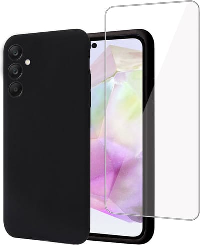 Geschikt voor Samsung Galaxy A35 - Hoesje + Screenprotector – Gehard Glas Cover - Suède Case Zwart