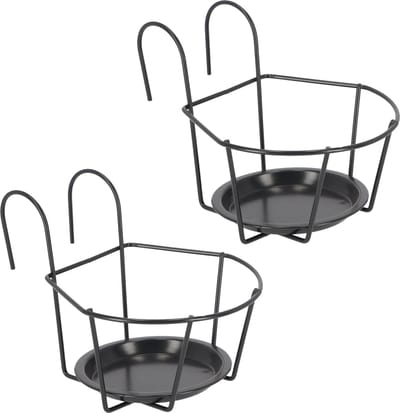 Esschert Design Balkon bloempothouder - 2x - bloembak met ophanging - zwart metaal - rond - balkonbak