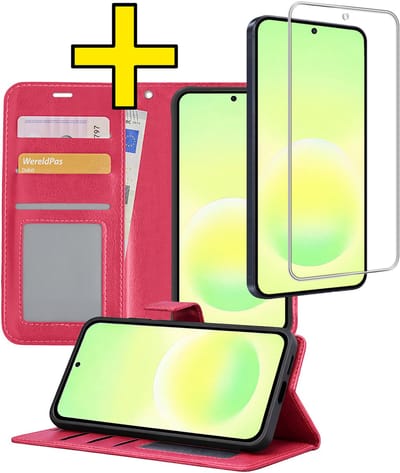 Hoesje - Met Screenprotector - Geschikt voor Samsung Galaxy A57 - Luxe Pasjeshouder - Bookcase Portemonee - Flip Case - Kunstleer Book Case - Flipcase - Book Cover - Walletcase - Portemonneehoes - Telefoonhoesjes - Donkerroze