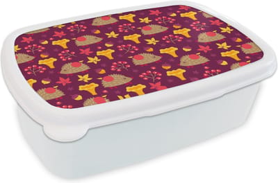 Broodtrommel Wit - Lunchbox - Brooddoos - Egel - Paddenstoel - Patronen - 18x12x6 cm - Volwassenen