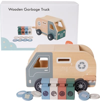 Speelgoedtopdeals - Houten Vuilniswagen Speelset – 14-delig - Educatief Speelgoed