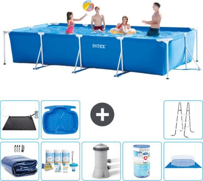 Intex Rechthoekig Frame Zwembad - 450 x 220 x 84 cm - Blauw - Inclusief Solarzeil - Onderhoudspakket - Zwembadfilterpomp - Filter - Grondzeil - Solar Mat - Ladder - Voetenbad - 9-delig
