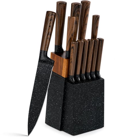 Royal Swiss® Messenset 12-delig met Blok – Professionele RVS Koksmessen – Ergonomische Houten Handgrepen – Zwart/Bruin