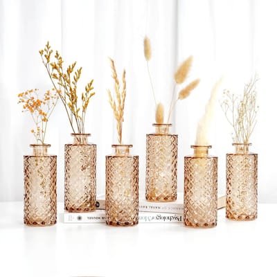 Dailygoods- Vazen Set van 6 - Amberkleurige Diamantstijl - Glazen Vazen voor Bloemen - Rustieke Vintage Vazen - Tafeldecoraties - Duurzaam Ontwerp - Bloemenvazen