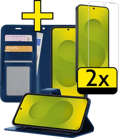 Hoesje - Met 2x Screenprotector - Geschikt voor Samsung Galaxy S25 - Luxe Pasjeshouder - Bookcase Portemonee - Flip Case - Kunstleer Book Case - Flipcase Hoes - Book Cover - Walletcase - Portemonneehoes - Telefoonhoesjes - Donkerblauw