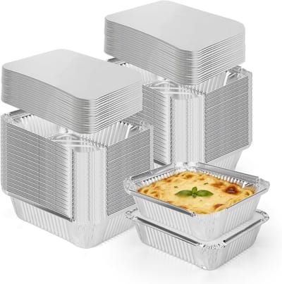Set van 50 Aluminium Schalen met Deksel, 600 ml, Ideaal voor Bakken, Grillen en Koken, 16.5 x 13.5 x 5 cm
