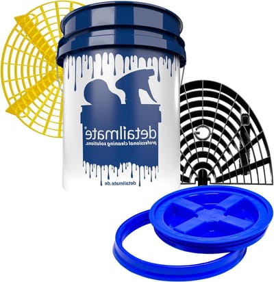 detailmate Profi Set Auto Reiniging: Wasemmer 5 GAL (ca. 20 liter) / Gamma Seal-emmerdeksel blauw/GritGuard-inzetstuk geel/GritGuard-wasbord