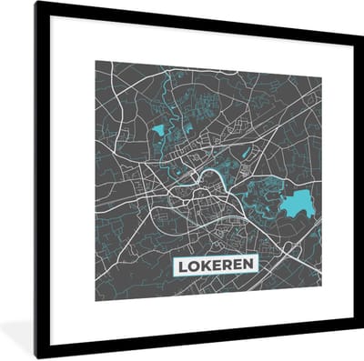 Fotolijst incl. Poster - Stadskaart – Grijs - Kaart – Lokeren – België – Plattegrond - 40x40 cm - Posterlijst