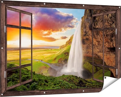 Gards Tuinposter Doorkijk Waterval in IJsland met Zonsondergang - 150x100 cm - Tuindoek - Tuindecoratie - Wanddecoratie buiten - Tuinschilderij