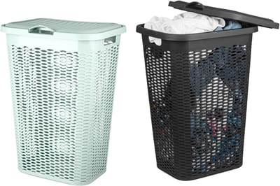 Wasmand Ventilation - met deksel - 2x stuks - zwart en groen - 50 liter - 61 x 43 cm