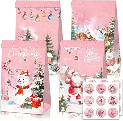Kerstpapieren Zak - Cadeauzakjes - Kerstpapieren Feestzakjes voor Kinderen - Kleine Kerstzakjes voor Snoep - Kerstcadeauzakjes - Snoepzakjes - Kerstkraftpapieren Zakjes - Goodie-Zakjes met 18 Stickers - 12 Stuks - 17x12 CM
