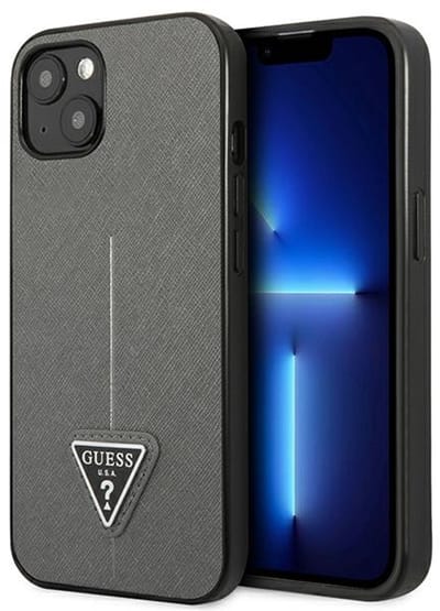 Guess Saffiano Serie - Hardcase Hoesje - Zilver - Triangle Logo - Geschikt voor iPhone 13