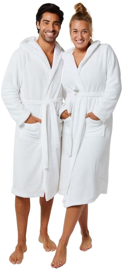 Badjas fleece - witte badjas met capuchon - flanel fleece badjas unisex - maat S/M