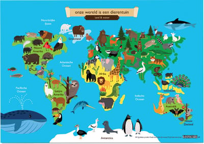 Educatieve poster (Posterpapier) - Topografie wereld land en water - 42 x 29.7 cm (A3)