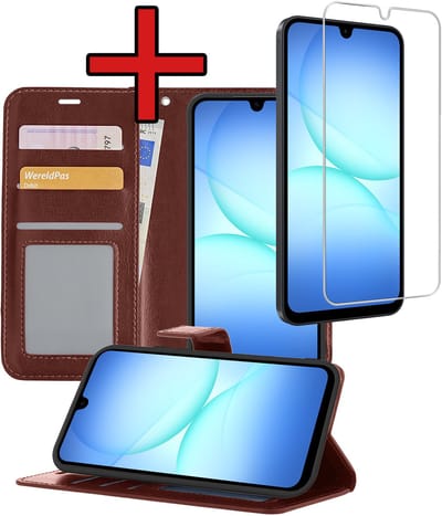 Hoesje - Met Screenprotector - Geschikt voor Samsung Galaxy A17 - Luxe Pasjeshouder - Flipcase - Bookcase Portemonee - Flip Case - Kunstleer Book Case - Book Cover - Walletcase - Portemonneehoes - Telefoonhoes - Bruin