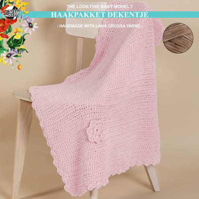 Haakpakket deken-kinderdeken-kado-kraamcadeau- met The Look Fine garen model 7 van Lana Grossa The Look Fine Baby-beige 124