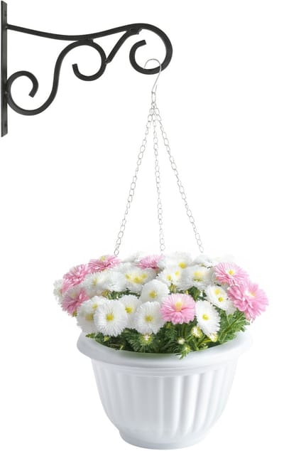 Hangpot + Muurhaak Gerona - wit - kunststof - metaal - D25 cm - tuinaccessoires