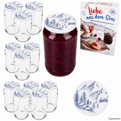 12-delige set ronde glazen 1062 ml tot 82 Alpen deksels incl. Diamant Gelierzauber receptenboekje