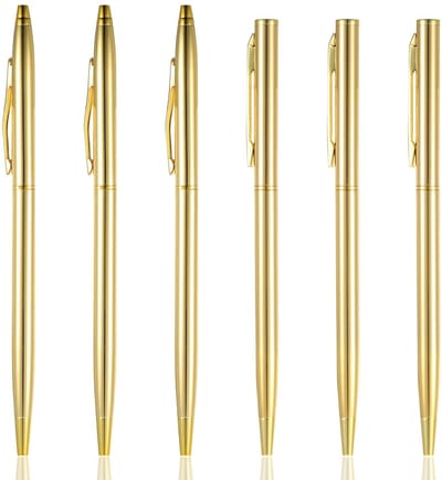 Dailygoods- Balpennen 6 Stuks Gouden Metalen - Inschuifbare 1 mm Inktpennen - Slanke Schrijfpennen - Roestvrij Staal - Geschikt voor Kantoor/Bruiloft