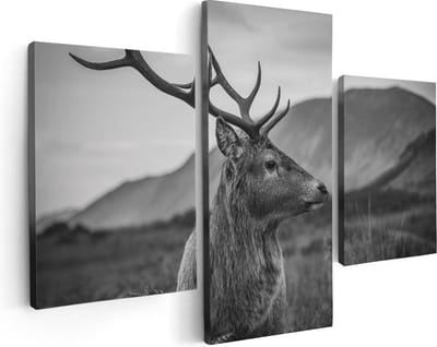 Artaza Canvas Schilderij Drieluik Hertenkop - Hert - Zwart Wit - 90x60 cm - Wanddecoratie Woonkamer - Schilderijen - Muurdecoratie