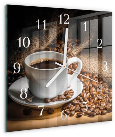 Tulup Wandklok - Koffie Klok Glas Met Opdruk - 30x30 cm - Bruin Moderne Wandklok Glas - Witte Handen - Vierkante Wandklok - Decoratieve Glazen Klok - Glazen Wandklok Design