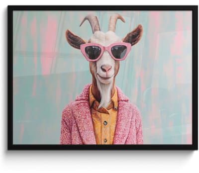 Poster in lijst - Fotolijst 80x60 cm - Posters - Zonnebril - Roze - Geit - Horen - Posterlijst zwart - Decoratie - Wanddecoratie woonkamer - Muurdecoratie slaapkamer