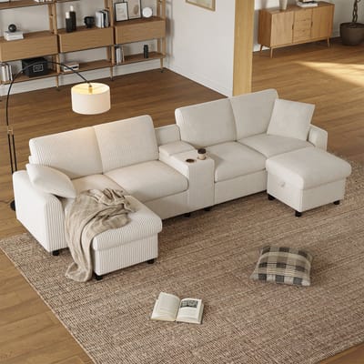 U-Bank, 4-Zits Bank, Corduroy U-vormige bank, Inclusief 2 Opbergpoefjes, Salontafel, 2 Bekerhouders, 1 USB-poort, 2 Stopcontacten en 2 Type-C-poorten; Beige; (B315×H81×D135cm)