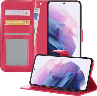 Hoesje - Met Pasjeshouder - Geschikt voor Samsung Galaxy S21 - Luxe Bookcase Portemonee - Flip Case - Kunstleer Book Case - Flipcase - Book Cover - Walletcase - Portemonneehoes - Telefoonhoesjes - Donkerroze