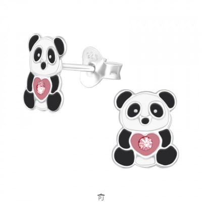 Zilveren oorstekers - panda met kristal - kindvriendelijk