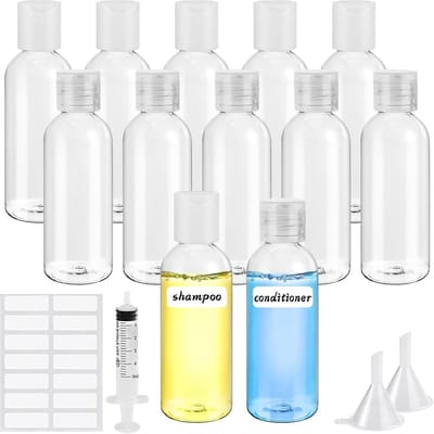 Famanu – Reisflessen voor toiletartikelen 60 ml reiscontainers met labels trechter voor toiletartikelen Hervulbare Reisflessen Set navulbare lege cosmetische flessen voor shampoo