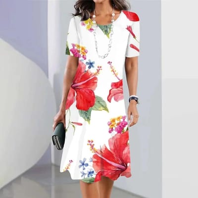 Robes d'été élégantes à la mode pour femmes Col O Imprimé Vintage Robe à manches courtes Ample Vêtements pour femmes 4XL white