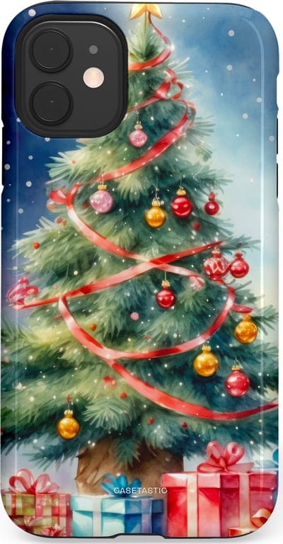 Casetastic hoesje geschikt voor Apple iPhone 11 - Dubbellaagse bescherming - Aquarel Kerstboom Cadeau - Fashion Case - Grijs Donkerblauw Saliegroen Beige