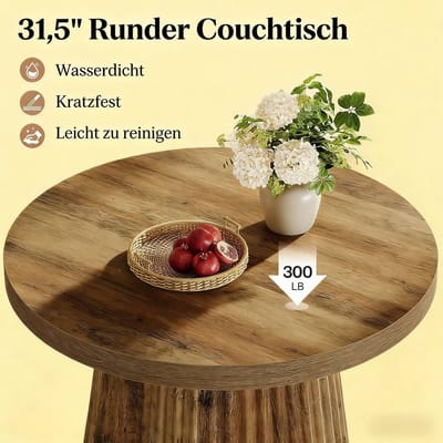 Salontafel - Ronde Tafel Met Geribbelde Zuilvoet En Houtlook - Voor Woonkamer En Loft - MDF - 80 x 80 x 45 cm - Bruin