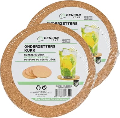 Benson Onderzetter - set van 12x - kurk - 10 cm - rond - hittebestendig - thee / koffie