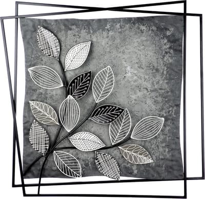 wanddecoratie bladeren met 3d vierkanten - metaal - grijstinten - 5x77x77 cm handgemaakt