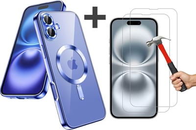 Hoesje met 2 Stuks Screenprotectors Geschikt voor iphone 16 Hoesje - Geschikt voor MagSafe - Arara siliconen Backcover - Blauw