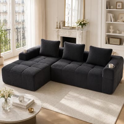 L-Bank, Moderne Hoekbank, 3-Zitsbank, Compacte Corduroy Bank – Zacht, Modulair en Praktisch voor Dagelijks Gebruik, met een Zijvak en Bekerhouder. Hoogwaardig Comfort voor Langdurig Zitten, Inclusief 3 Kussens-Grijs