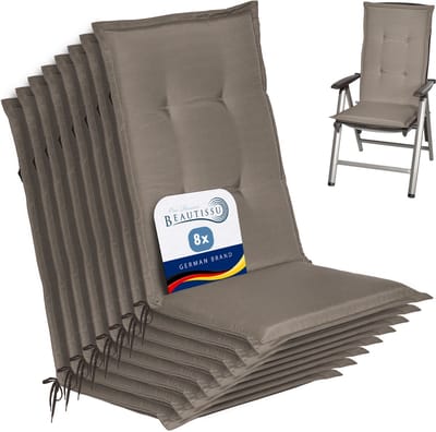 Beautissu Loft HL Stoelkussen Set 8x Hoge Rugleuning 120x50 cm Taupe – Tuinstoelkussen UV-bestendig
