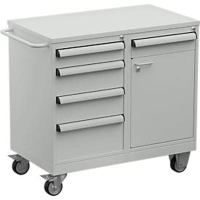 Treston gereedschapswagen TWIN 1 ESD, stalen onderstel, tot 300 kg, 5 laden, 1 vak, afsluitbaar, duwbeugel, staal, lichtgrijs RAL 7035