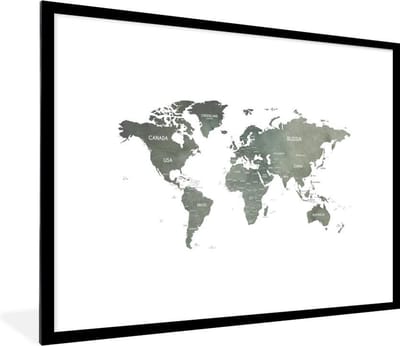 Poster in lijst - Fotolijst 80x60 cm - Posters - Wereldkaart - Aardrijkskunde - Grijs - Posterlijst zwart - Decoratie - Wanddecoratie woonkamer - Muurdecoratie slaapkamer