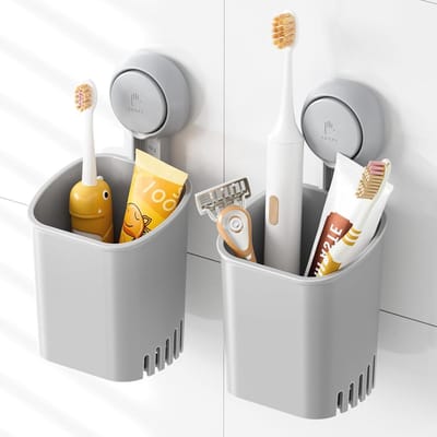 Wandmontage Tandborstelhouder 2-Pack, Sterke Zuignap, Geen Boren Nodig, Ruimtebesparende Organizer voor Badkamer en Douche, Geschikt voor Tandpasta en Scheermesjes, Grijs Kunststof